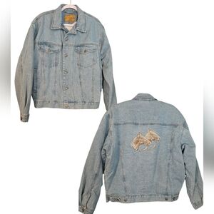 Scorpio Blue Light Wash Denim Jacket Size M Embroidered Twin Horses Design